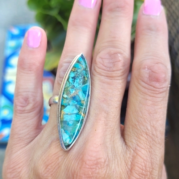 🩵Copper Turquoise Gemstone Sterling Silver Stamped Ring - Picture 1 of 4